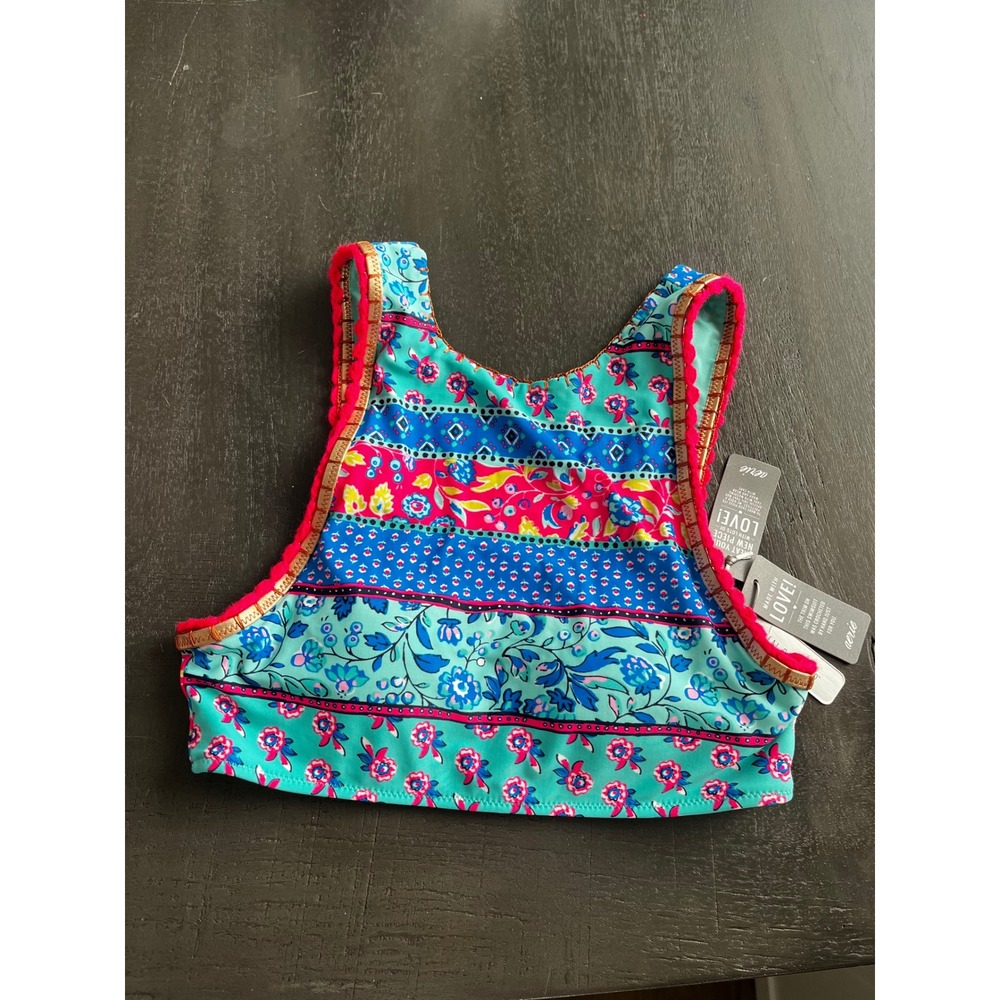 Aerie Womens High Neck Bikini Top Floral Crochet Trim Teal Pink Gold Small NEW
